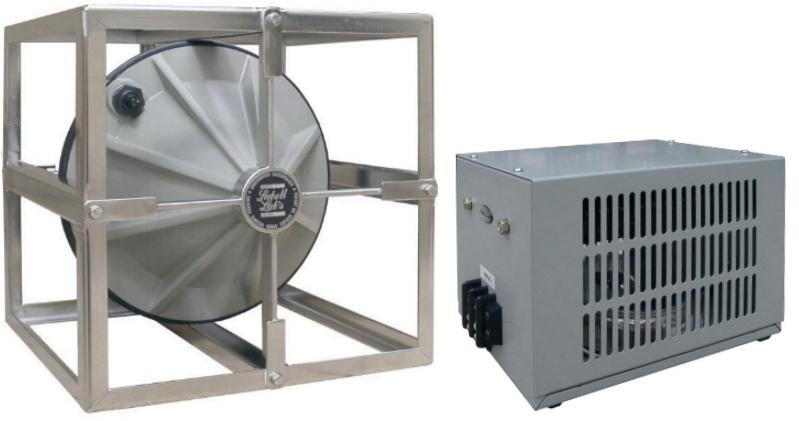 Lubell Wandler LL1424HP in einem Edelstahlkäfig neben seiner Übertragerbox AC1424HP